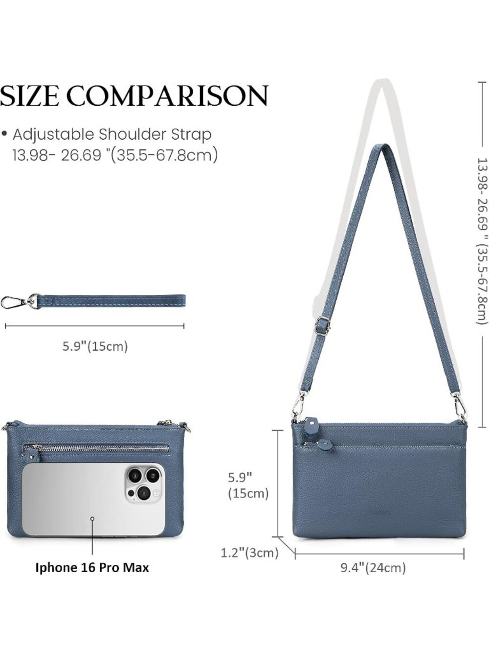 Women's Grey Blue Genuine Leather Wristlet Clutch Wallet Crossbody Handbag - Picture 6 of 6